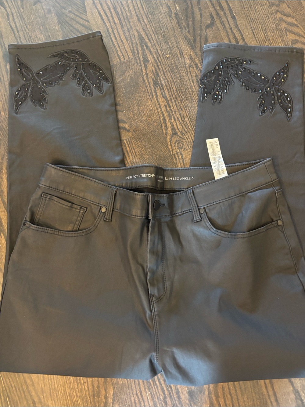 Chico’s Black Embellished Faux Leather Slim Pants stretch